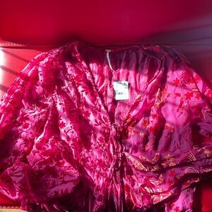 NWT $168 Free People twice nice kimono sheer velvet fuchsia pink purple floral